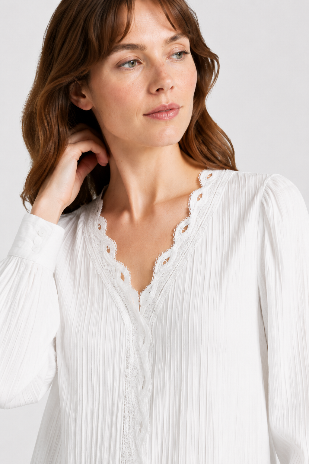 NOMU | Women's Lace Trim Pleated Blouse – Elegant V-Neck Long Sleeve Top