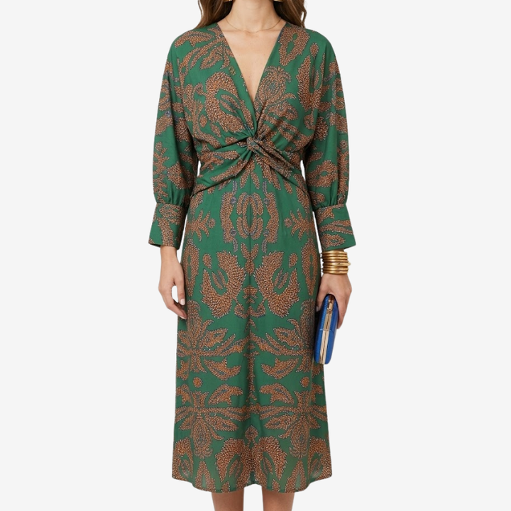 NOMU | Women's Vintage Print Twist Front Midi Dress – Elegant Long Sleeve V-Neck Dress
