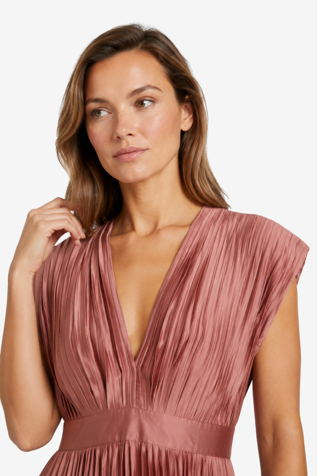 NOMU | Women's Pleated V-Neck Midi Dress – Elegant Sleeveless Flowing Evening Dress