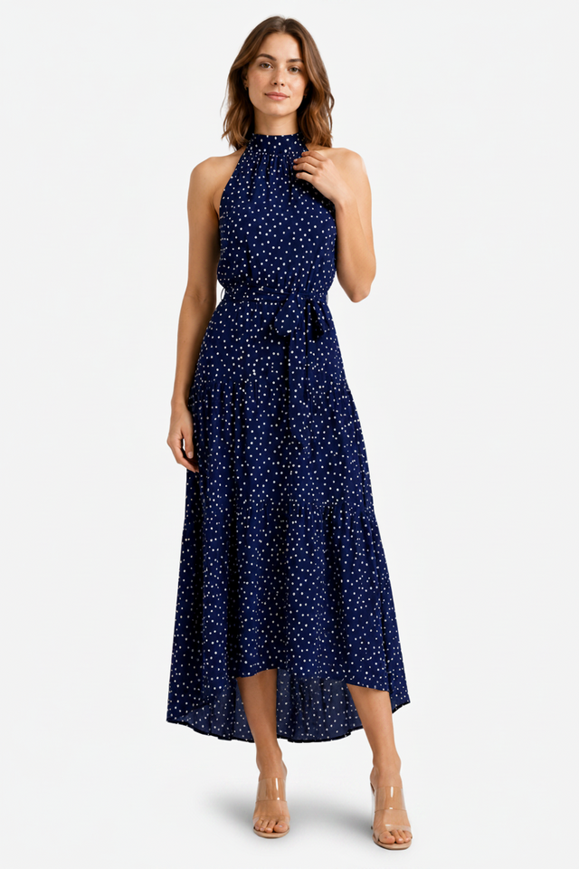 NOMU | Women's Polka Dot Halter Maxi Dress – Elegant Sleeveless Tie Waist Dress