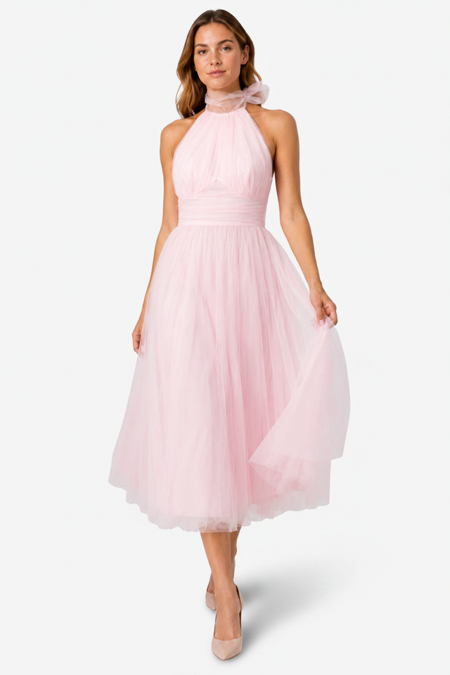 NOMU | Women's Halter Neck Tulle Midi Dress – Elegant Sleeveless Princess Party Dress