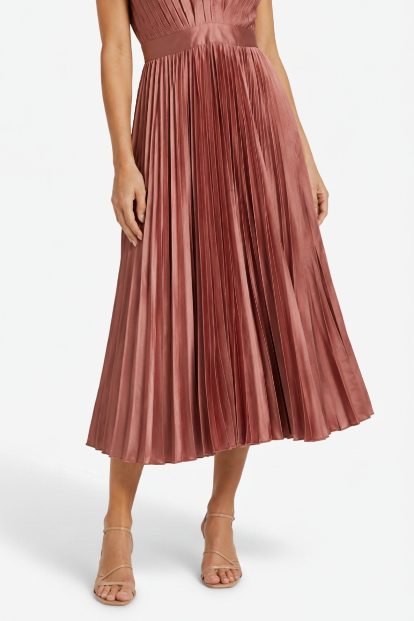 NOMU | Women's Pleated V-Neck Midi Dress – Elegant Sleeveless Flowing Evening Dress