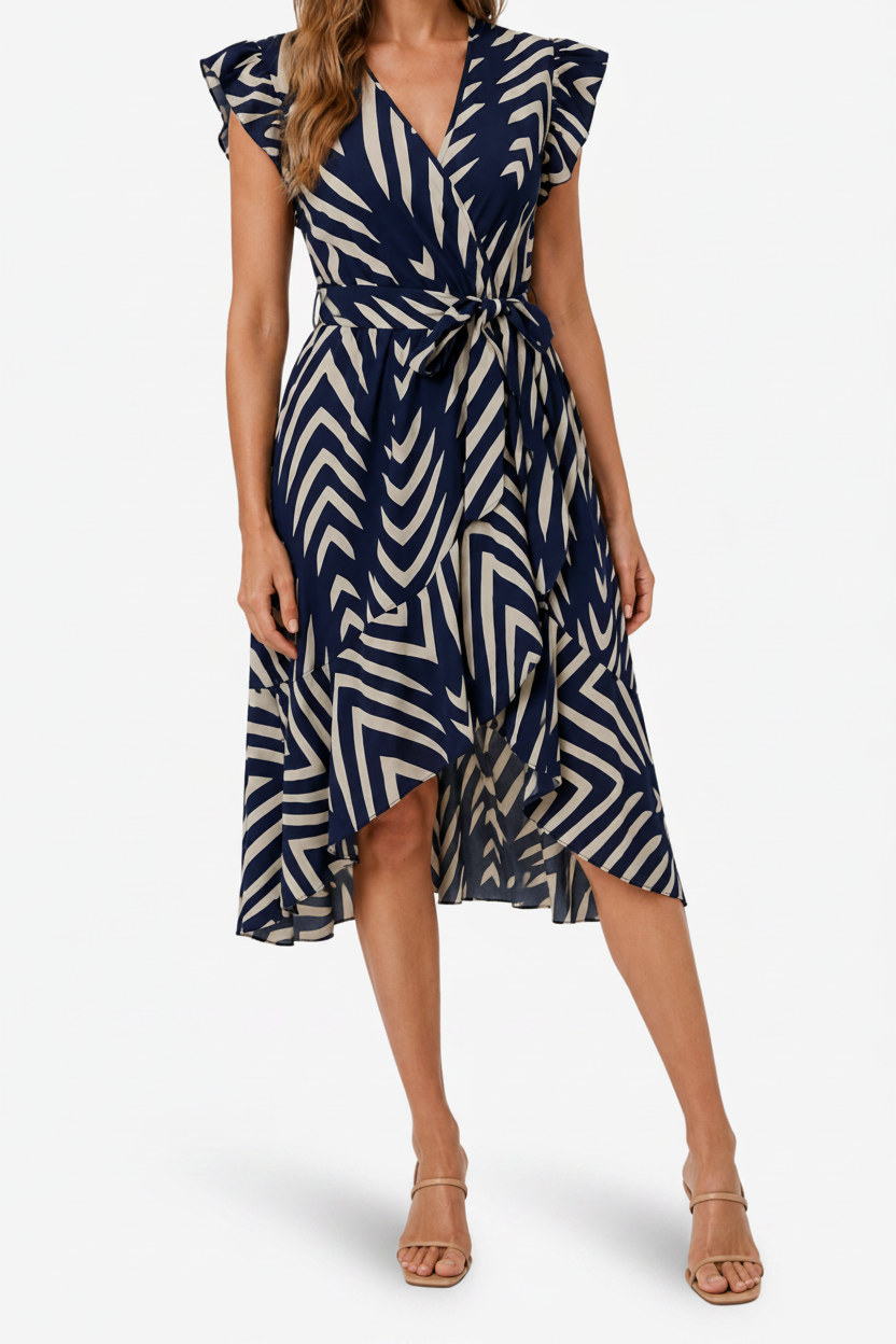 NOMU | Women's Printed High-Low Wrap Dress – Elegant Ruffle Sleeve Midi Dress