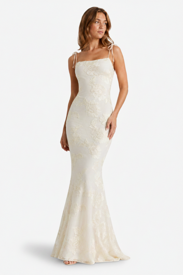 NOMU | Women's Floral Embroidered Bodycon Maxi Dress – Elegant Tie Strap Occasion Dress