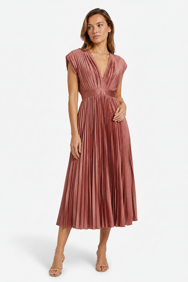 NOMU | Women's Pleated V-Neck Midi Dress – Elegant Sleeveless Flowing Evening Dress