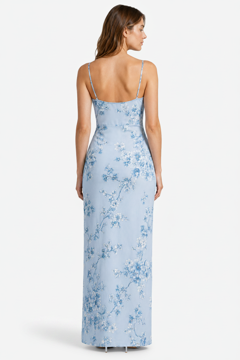 NOMU | Women's Floral Print Satin Maxi Dress – Elegant Spaghetti Strap Slip Dress