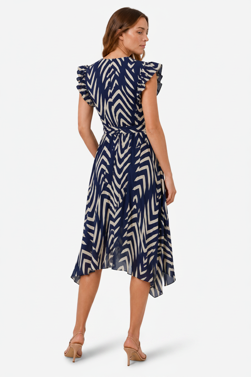 NOMU | Women's Printed High-Low Wrap Dress – Elegant Ruffle Sleeve Midi Dress