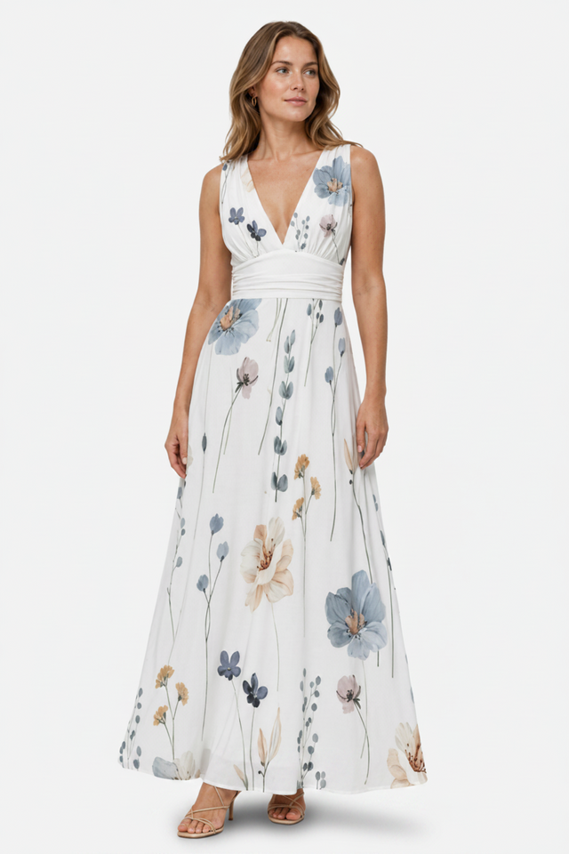 NOMU | Women's Floral V-Neck Maxi Dress – Elegant Sleeveless Flowing Summer Dress