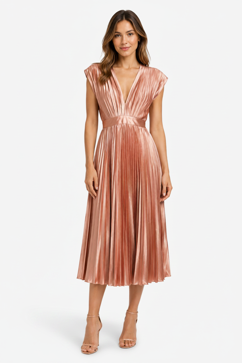 NOMU | Women's Pleated V-Neck Midi Dress – Elegant Sleeveless Flowing Evening Dress