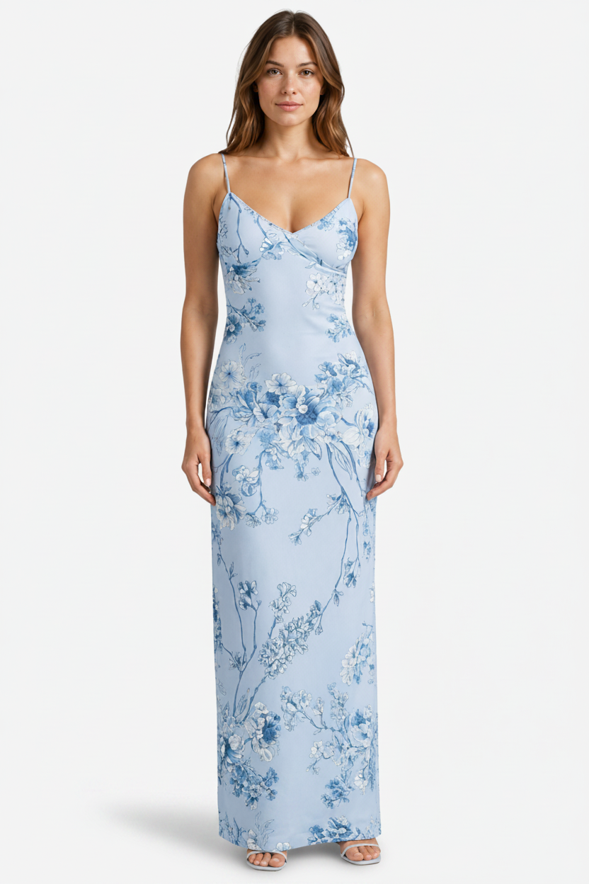 NOMU | Women's Floral Print Satin Maxi Dress – Elegant Spaghetti Strap Slip Dress