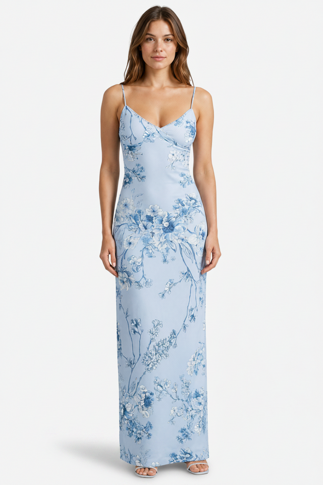 NOMU | Women's Floral Print Satin Maxi Dress – Elegant Spaghetti Strap Slip Dress