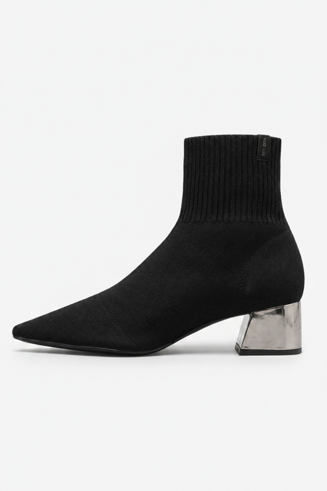 NOMU | Women's Pointed-Toe Sock Ankle Boots – Modern Knit Block Heel Boots