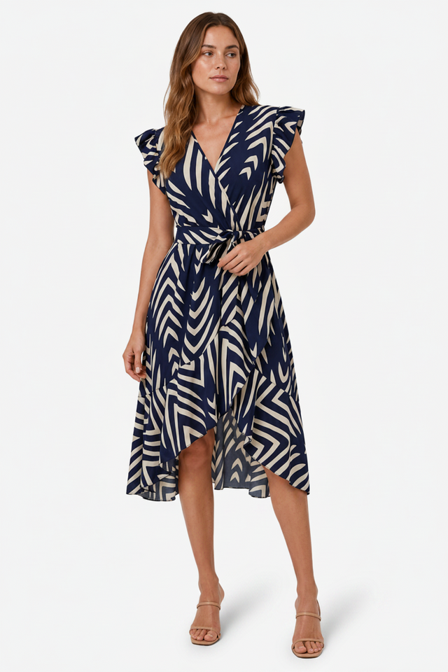 NOMU | Women's Printed High-Low Wrap Dress – Elegant Ruffle Sleeve Midi Dress