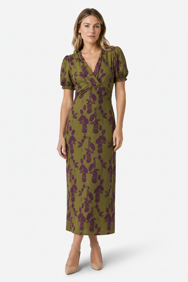 NOMU | Women's Floral Puff Sleeve Midi Dress – Elegant Wrap Waist Evening Dress
