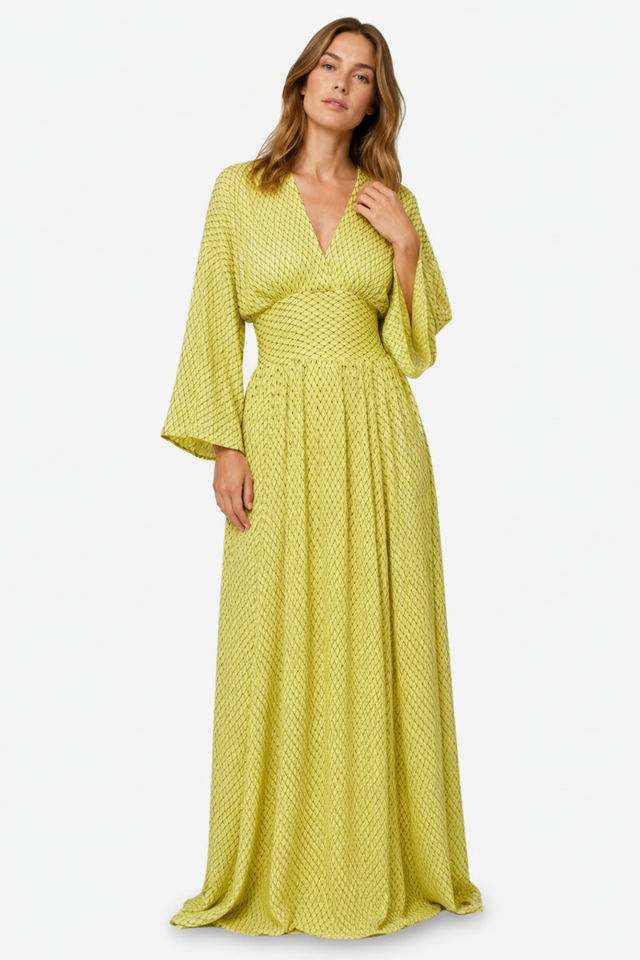 NOMU | Women's Printed Empire Waist Maxi Dress – Elegant Long Sleeve Boho Dress
