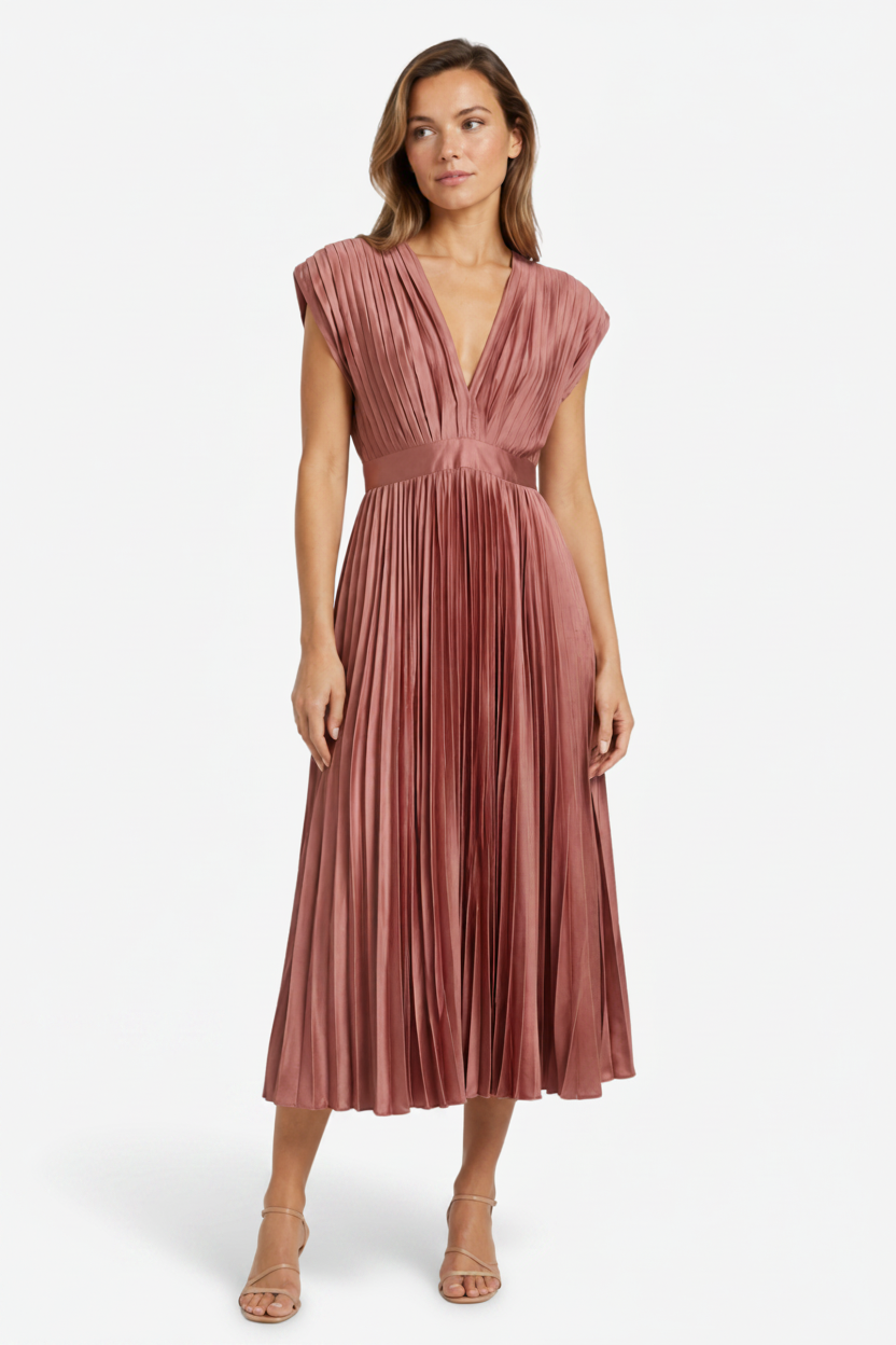 NOMU | Women's Pleated V-Neck Midi Dress – Elegant Sleeveless Flowing Evening Dress
