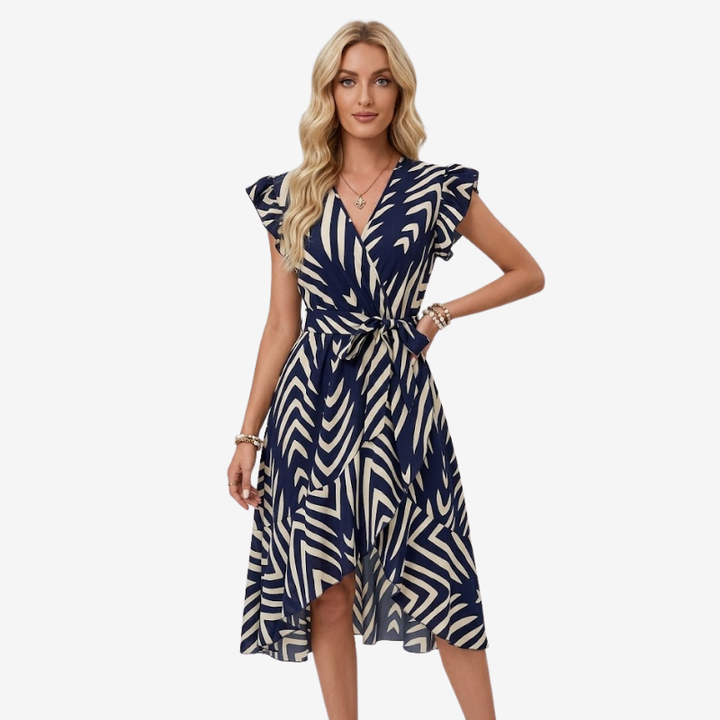 NOMU | Women's Printed High-Low Wrap Dress – Elegant Ruffle Sleeve Midi Dress