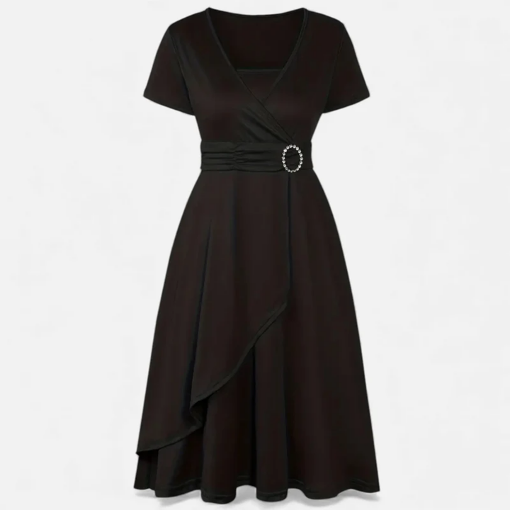 NOMU | Women's Elegant Wrap Midi Dress – Short Sleeve V-Neck Party Dress