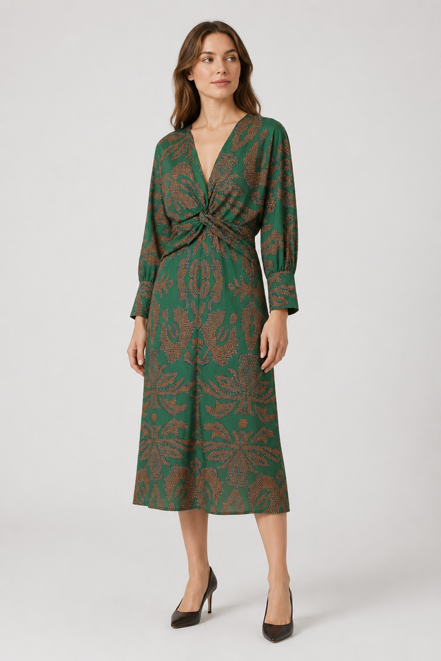 NOMU | Women's Vintage Print Twist Front Midi Dress – Elegant Long Sleeve V-Neck Dress