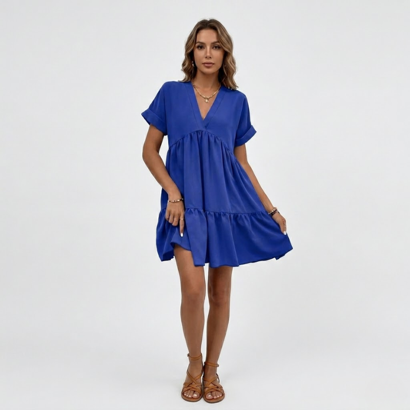NOMU | Women's Tiered Mini Dress – V Neck Short Sleeve Loose Fit Design