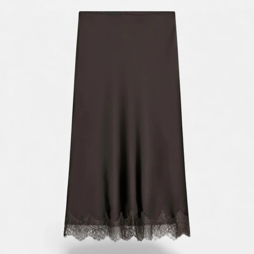 NOMU | Women's Satin Midi Skirt – Elegant Lace Trim Slip Skirt