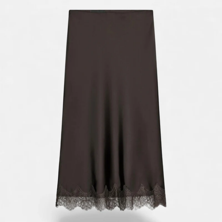 NOMU | Women's Satin Midi Skirt – Elegant Lace Trim Slip Skirt