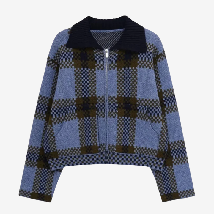 NOMU | Women's Plaid Knit Zip-Up Jacket – Soft Checkered Cardigan Coat