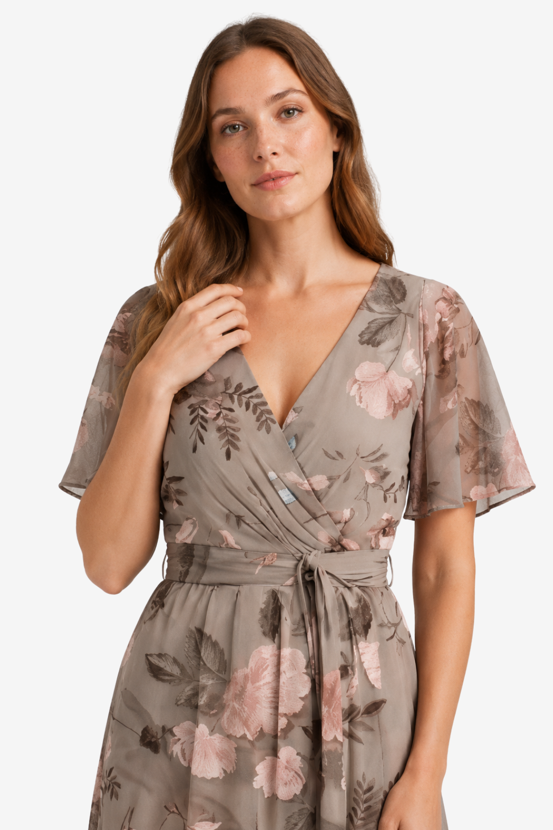 NOMU | Women's Floral Midi Dress – V Neck Flutter Sleeve Tie Waist Wrap Design