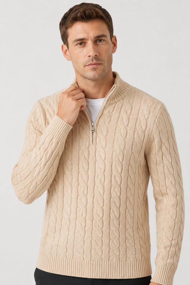 NOMU | Men's Cable Knit Quarter Zip Sweater – Classic Ribbed Pullover