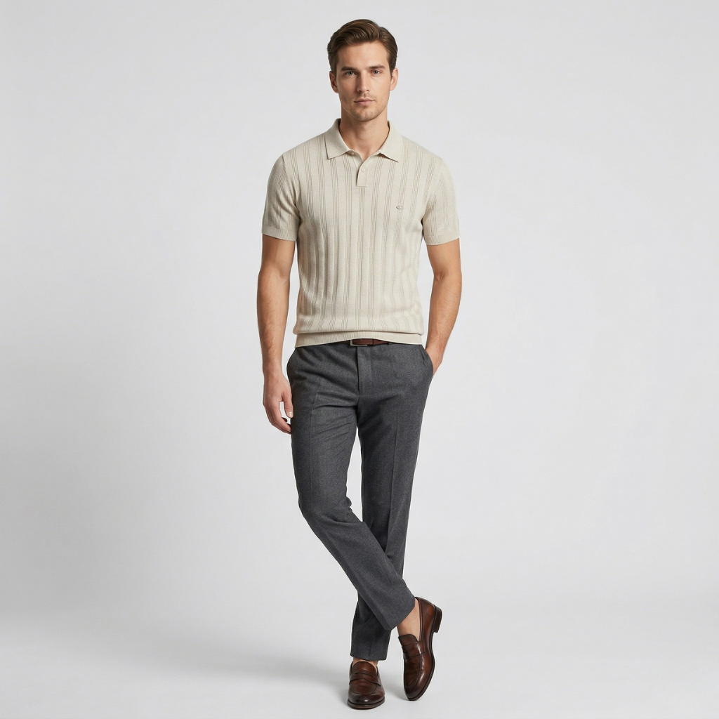 NOMU | Men’s Textured Vertical Stripe Knit Polo Shirt