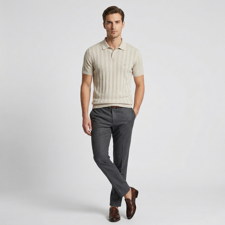 NOMU | Men’s Textured Vertical Stripe Knit Polo Shirt