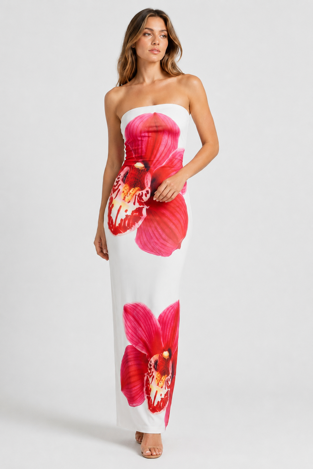 NOMU | Women's Strapless Maxi Dress – Floral Print Bodycon Fitted Design
