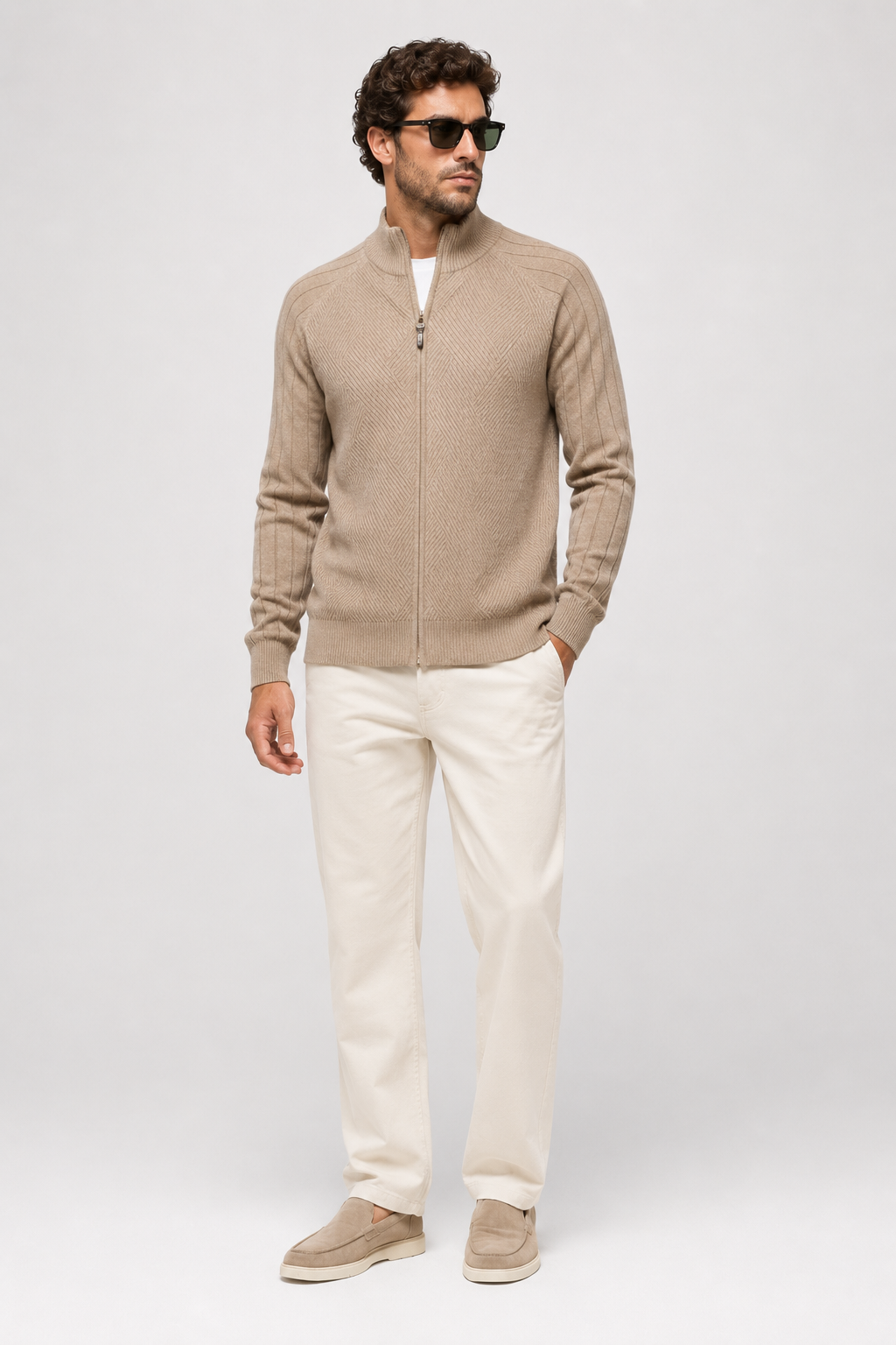 NOMU | Men's Zip-Up Knit Sweater Jacket – Textured Stand Collar Cardigan