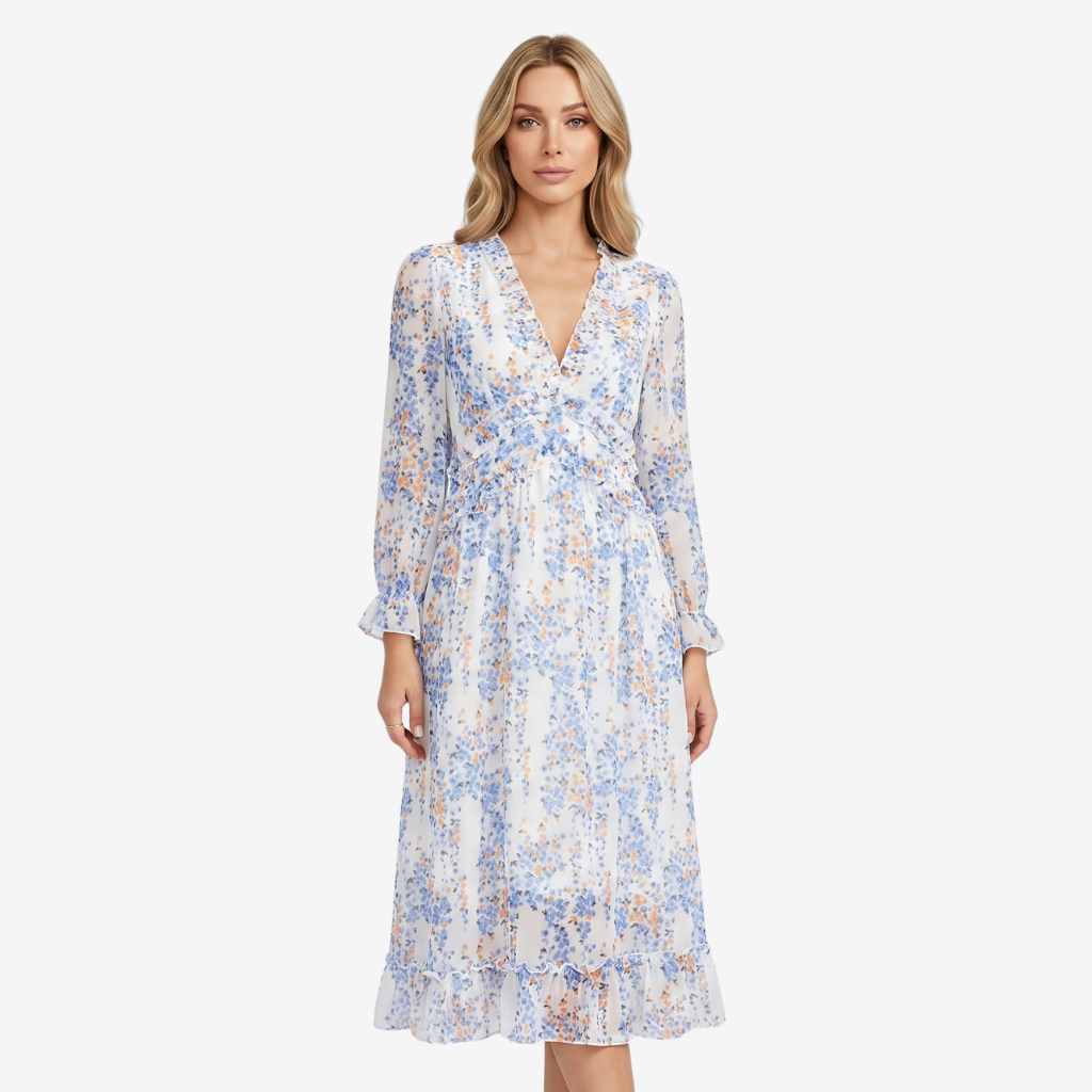 NOMU | Women's Floral Midi Dress – V Neck Long Sleeve Ruffle Trim Design