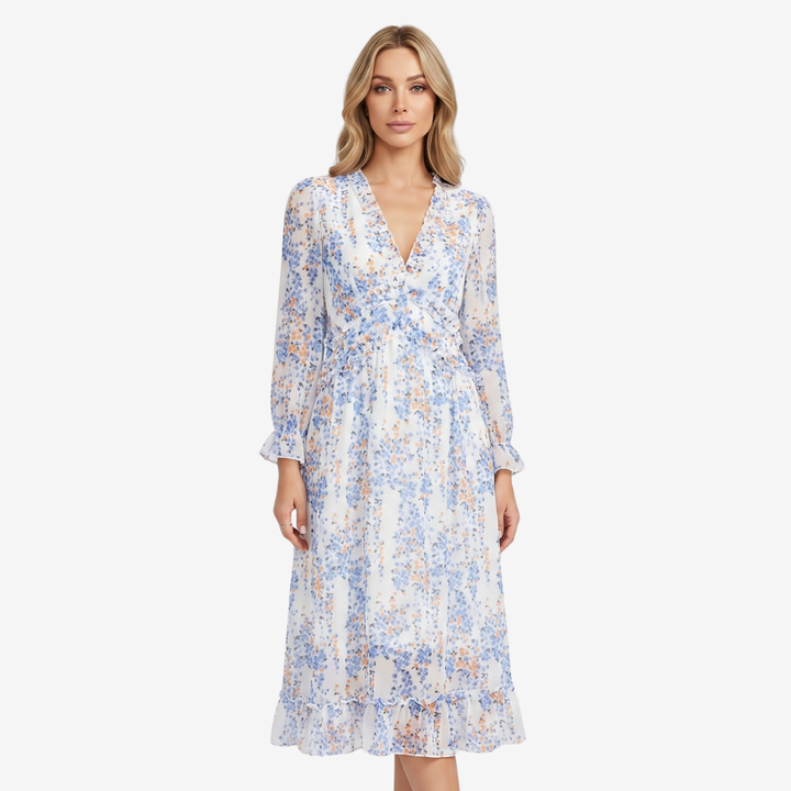 NOMU | Women's Floral Midi Dress – V Neck Long Sleeve Ruffle Trim Design