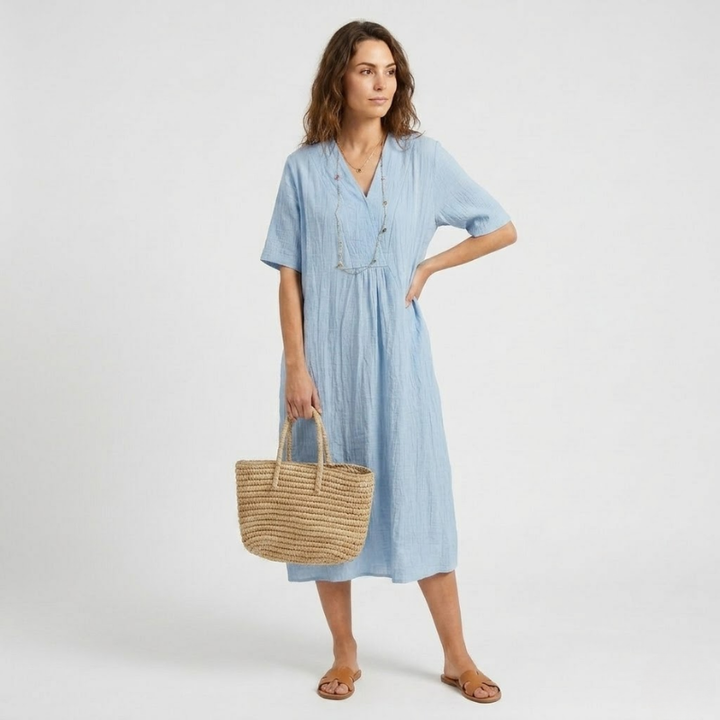 NOMU | Women's Casual Linen Dress – V-Neck Short Sleeve Loose Fit