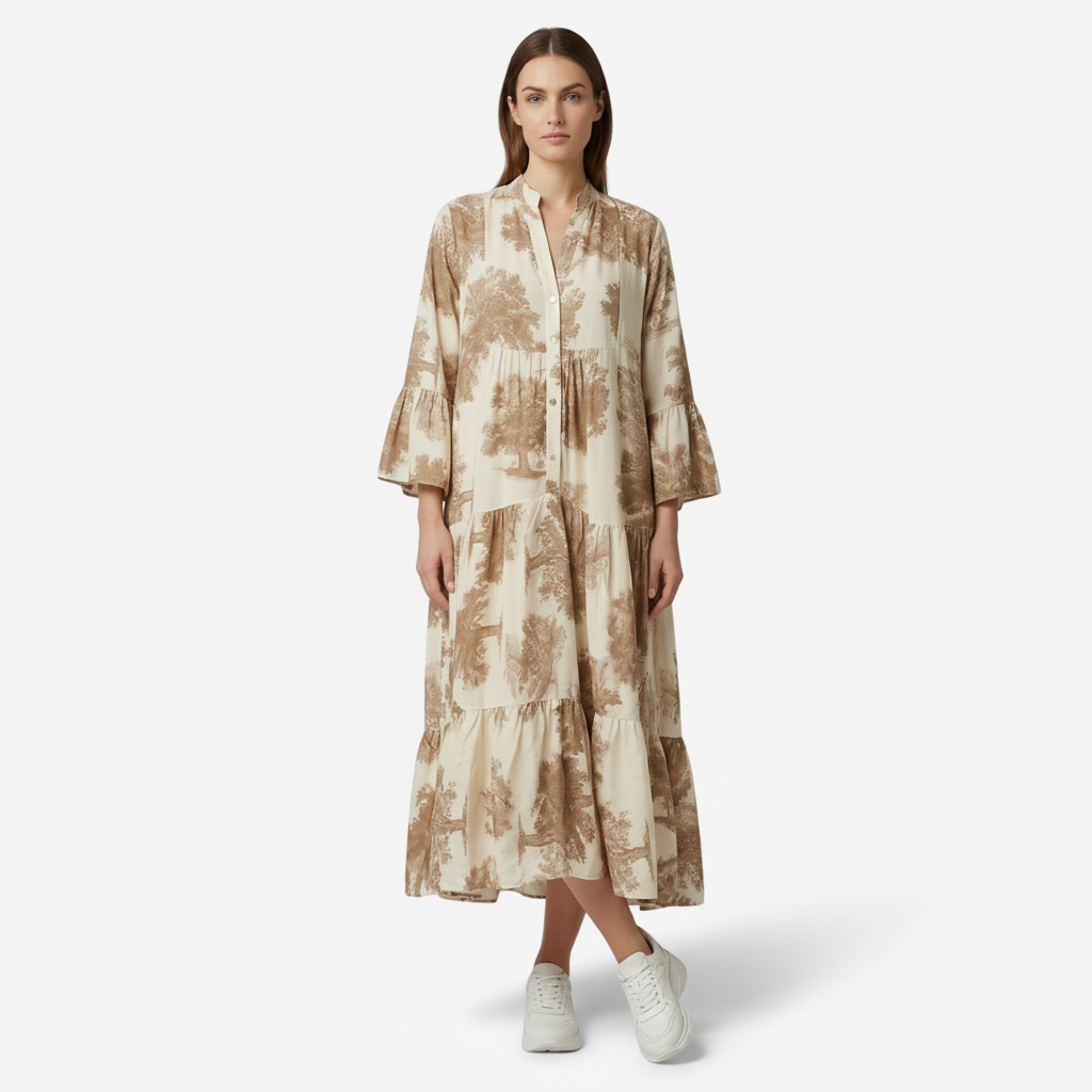 NOMU | Women's Vintage Floral Tiered Maxi Dress – Elegant Long Sleeve Flowing Dress