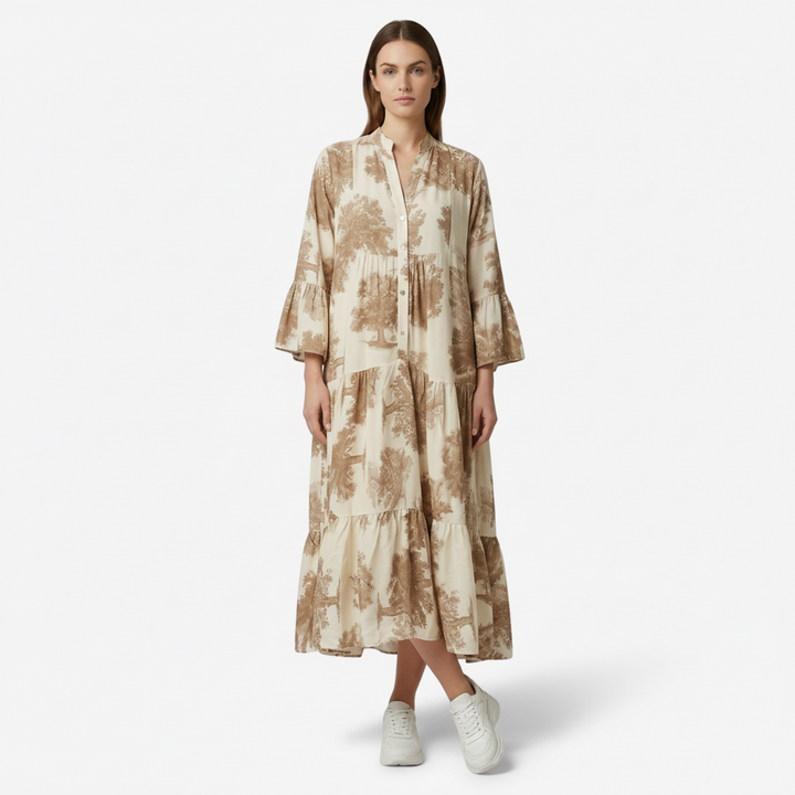 NOMU | Women's Vintage Floral Tiered Maxi Dress – Elegant Long Sleeve Flowing Dress