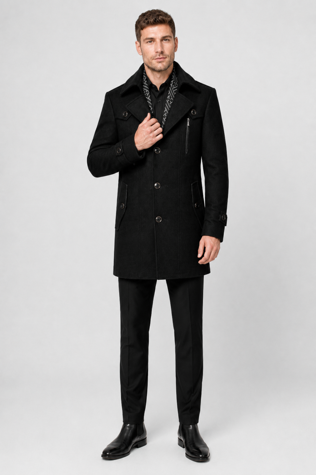 NOMU | Men's Wool Blend Military Overcoat – Tailored Button Front Coat