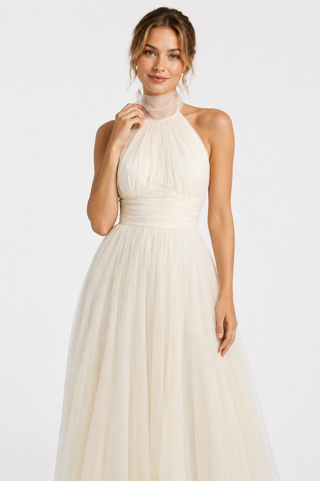NOMU | Women's Halter Neck Tulle Midi Dress – Elegant Sleeveless Princess Party Dress