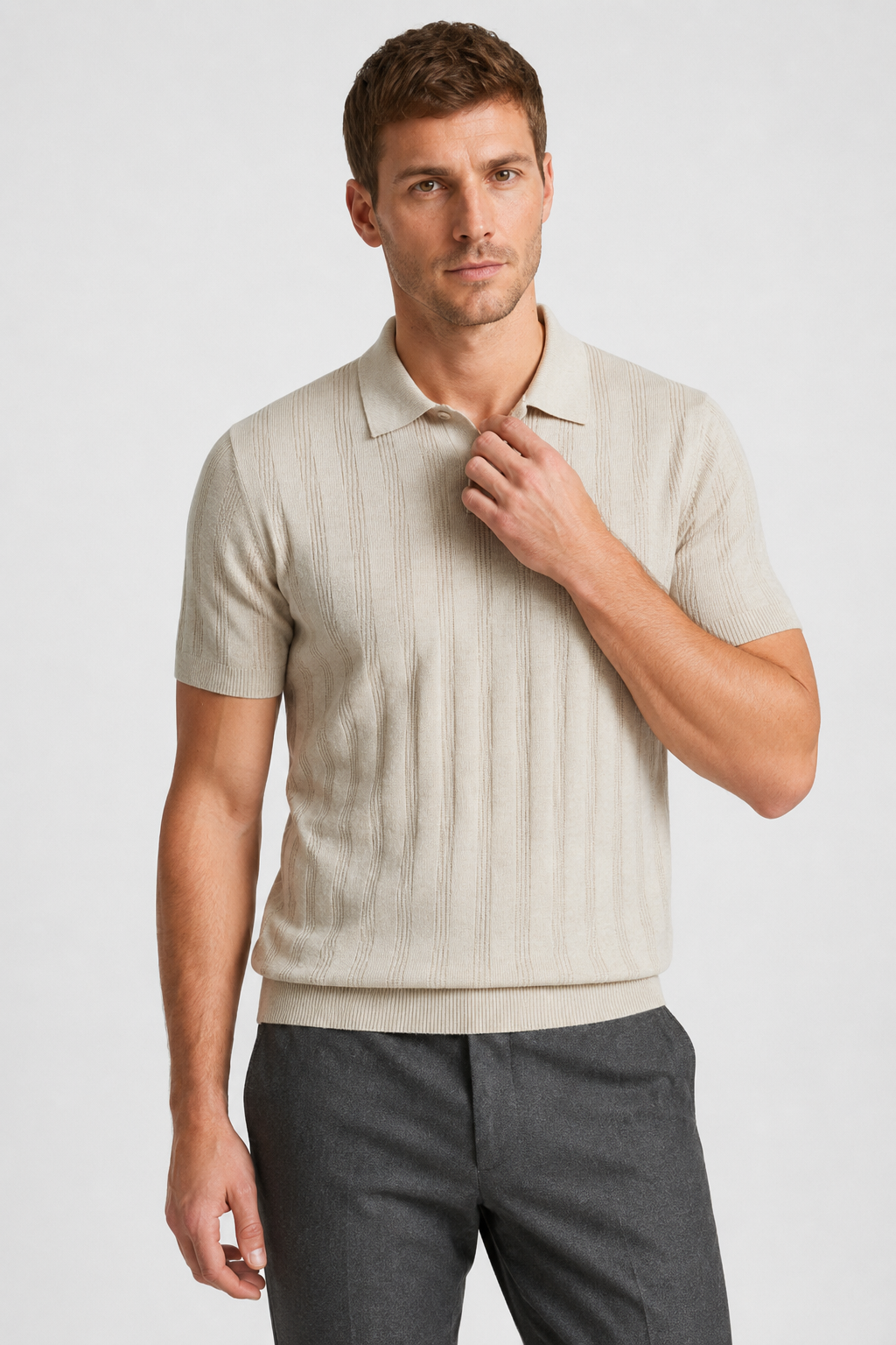 NOMU | Men’s Textured Vertical Stripe Knit Polo Shirt