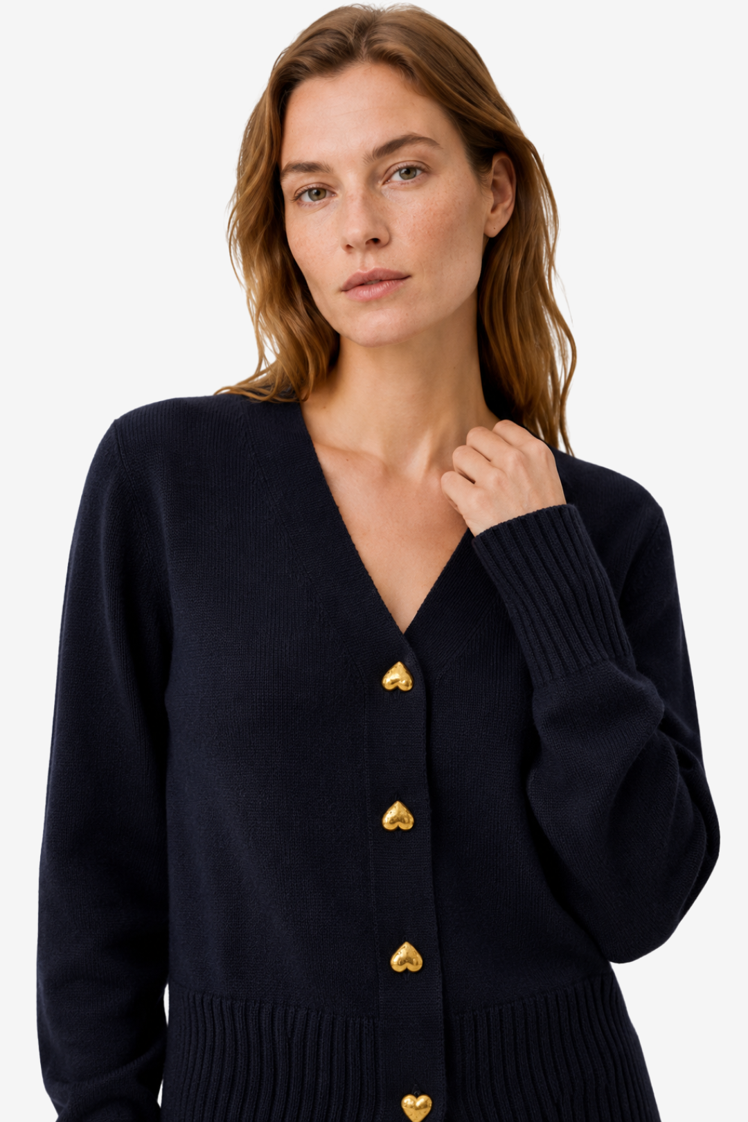 NOMU | Women's V-Neck Knit Cardigan – Heart Button Front Relaxed Design