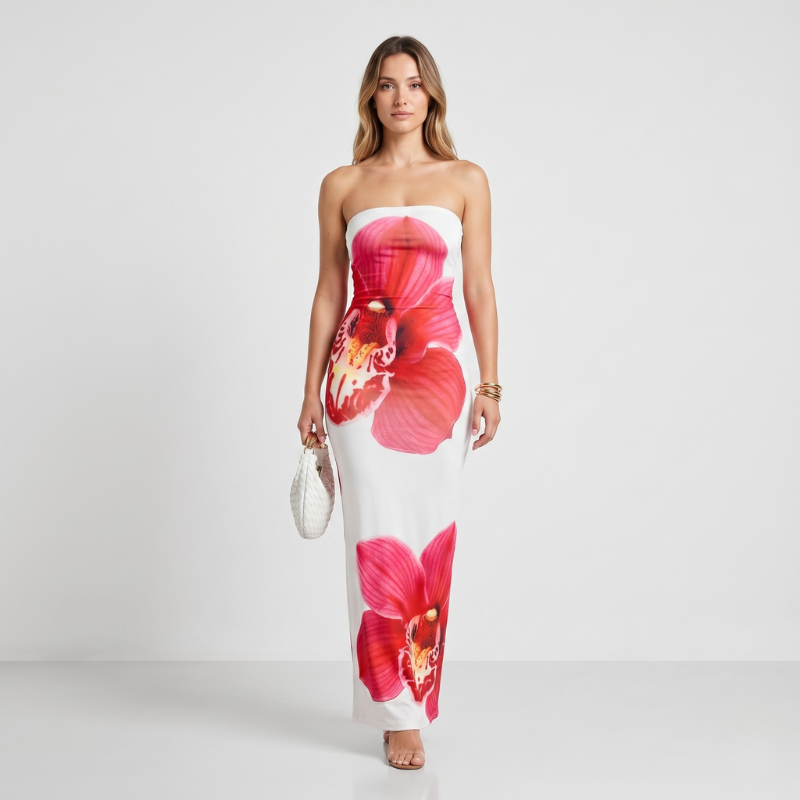 NOMU | Women's Strapless Maxi Dress – Floral Print Bodycon Fitted Design