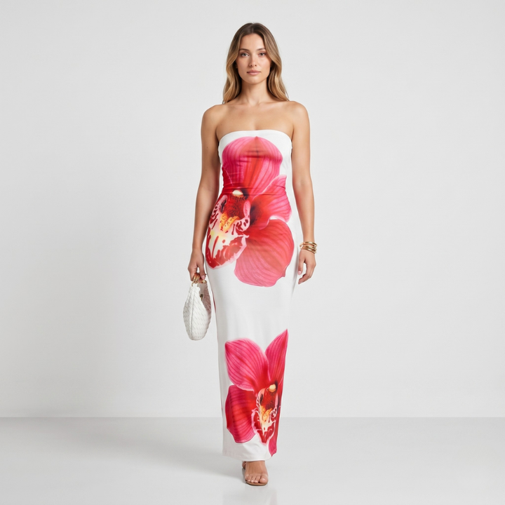 NOMU | Women's Strapless Maxi Dress – Floral Print Bodycon Fitted Design