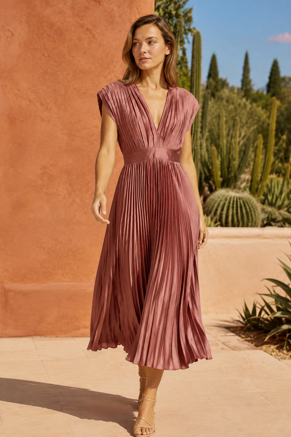 NOMU | Women's Pleated V-Neck Midi Dress – Elegant Sleeveless Flowing Evening Dress