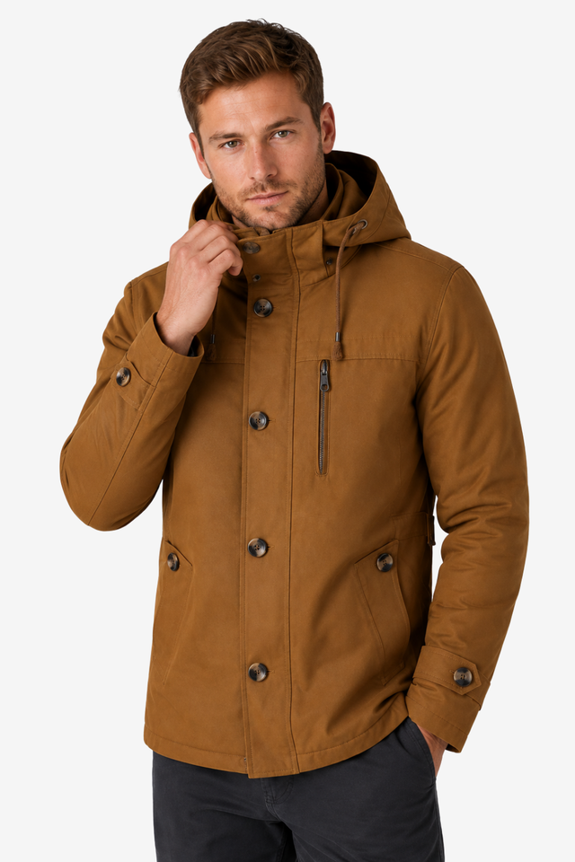 NOMU | Men's Insulated Hooded Winter Jacket – Button Front with Multiple Pockets