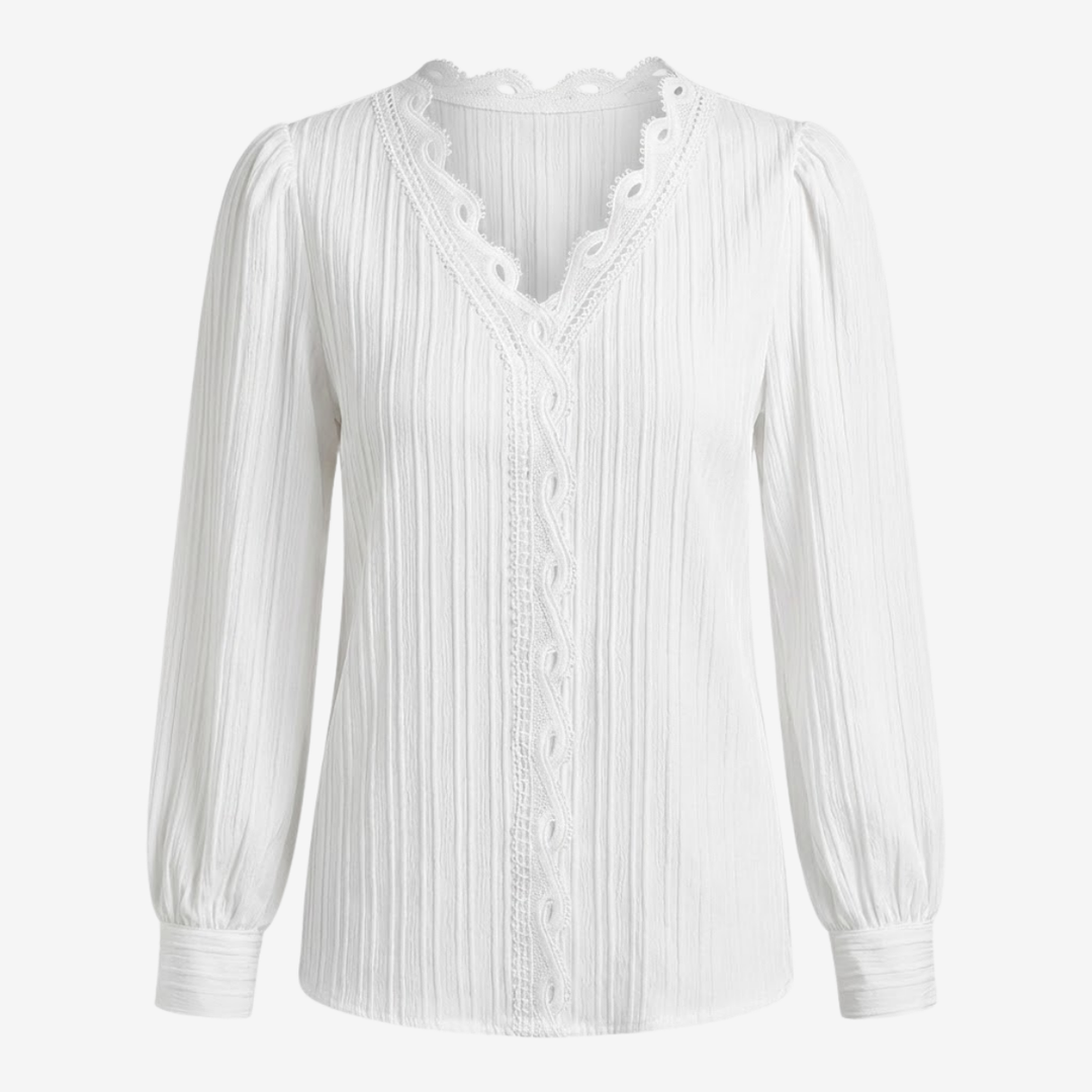 NOMU | Women's Lace Trim Pleated Blouse – Elegant V-Neck Long Sleeve Top