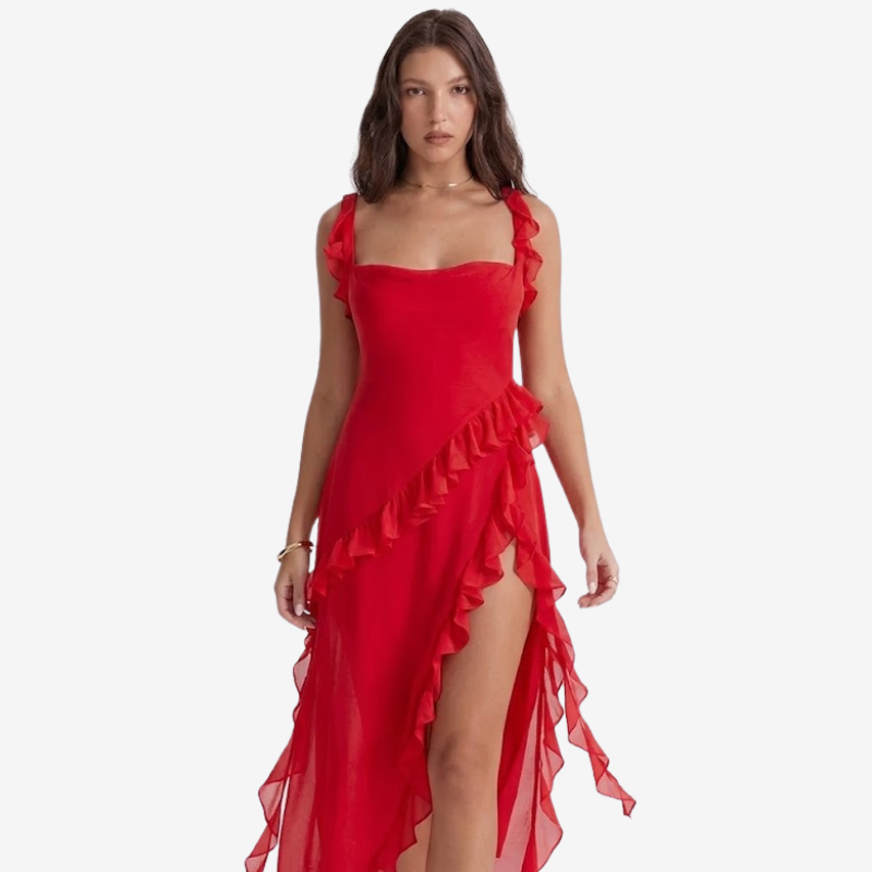 NOMU | Women's Ruffle Trim High Slit Maxi Dress – Elegant Sleeveless Evening Dress