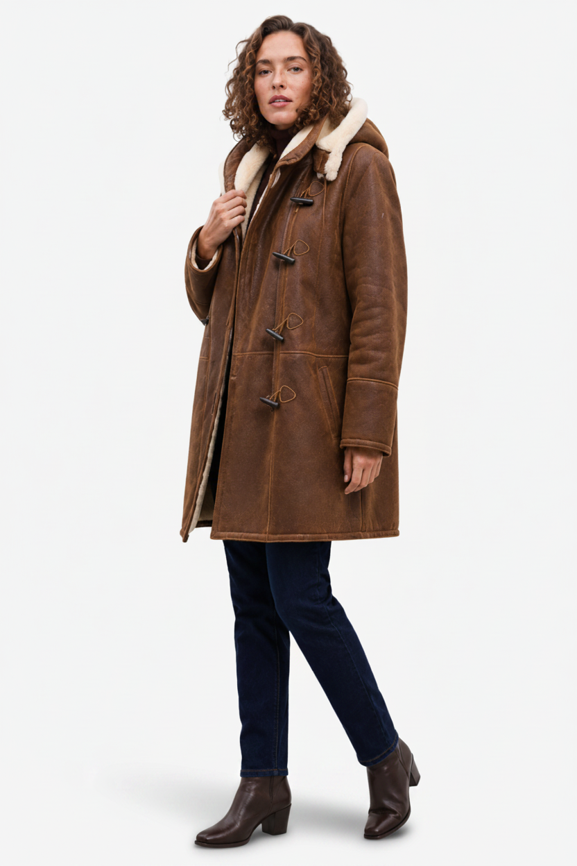 NOMU | Women's Shearling Coat – Hooded Toggle Front Longline Design