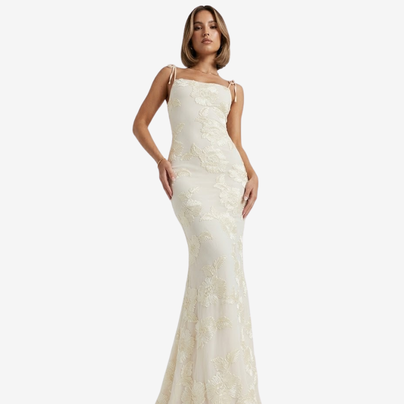 NOMU | Women's Floral Embroidered Bodycon Maxi Dress – Elegant Tie Strap Occasion Dress